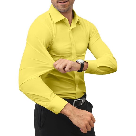 Men's Yellow Long Sleeve Slim Muscle Fit Wrinkle Free Button Down Dress Shirts - Picture 2 of 8